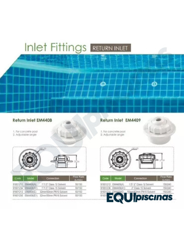 BOQUILLA DE RETORNO EMAUX PARA CONCRETO POOLS 1"/1.5" IMPERIAL P/PEGAR 12 Bar
