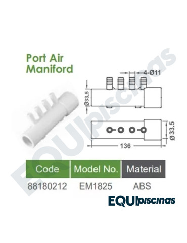 BOQUILLA AIRE/ AGUA MANIFOLD EMAUX, 40 GPM (8 SALIDAS EN PARALELO)