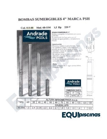 BOMBA SUMERGIBLE POZO PROFUNDO PSH 1.5 HP 220V EN ACERO INOX