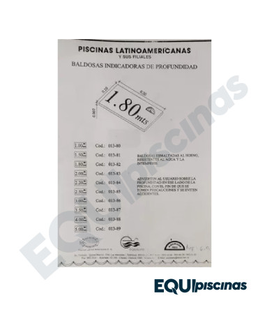 BALDOSA INDICADORA DE PROFUNDIDAD PARA PISCINA 1.00MTS