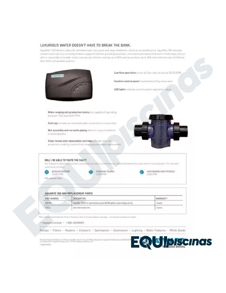 GENERADOR DE CLORO HAYWARD AQR100 ELECTROLISIS SALINA