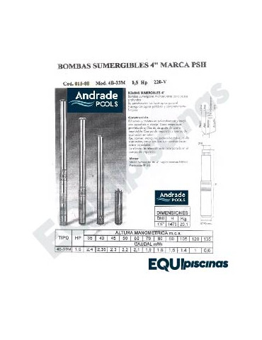 BOMBA SUMERGIBLE POZO PROFUNDO PSH 5 HP 380V EN ACERO INOX
