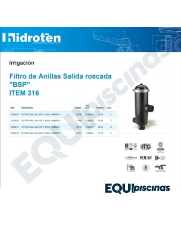 Filtro de riego Anillos Radiales Hidroten Europeo